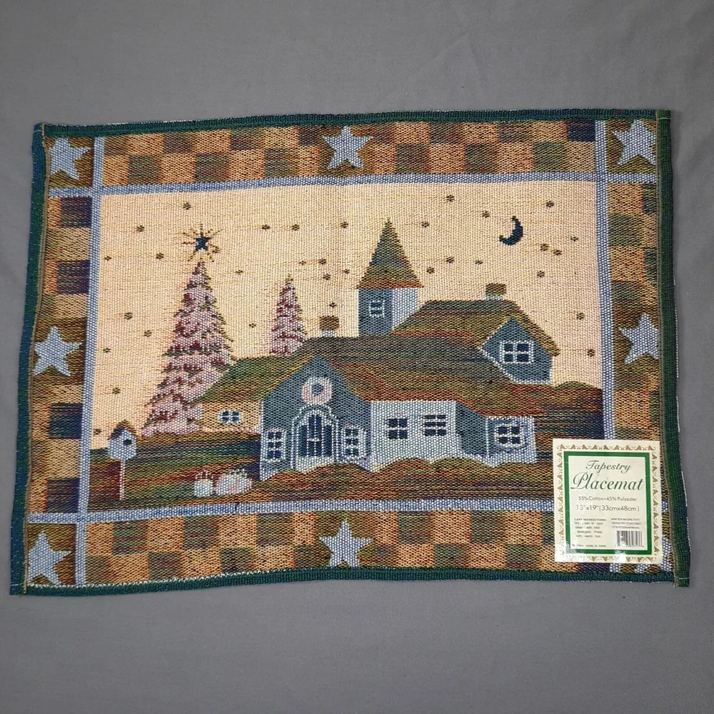 4 Christmas Tapestry Placemats Church Winter Moon Stars Country Cottagecore 90s